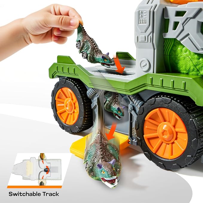 Vroomix JOVA Dinosaur Toys for Kids 3-5, Dinosaur Carrier Truck with 2 Pcs Cars and 6 Pcs Figures for Toddlers, T.Rex Truck with Launcher and Darts, Birthday Gifts Toys for 3 4 5+ Year Old Boy