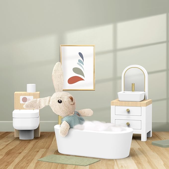 SPEEDY MONKEY Wooden Dollhouse Bathroom Playset with Bunny for Pretend Play | Miniature Bathroom Furniture Set with Bathtub, Sink, Toilet & Mirror | for Kids Ages 3+