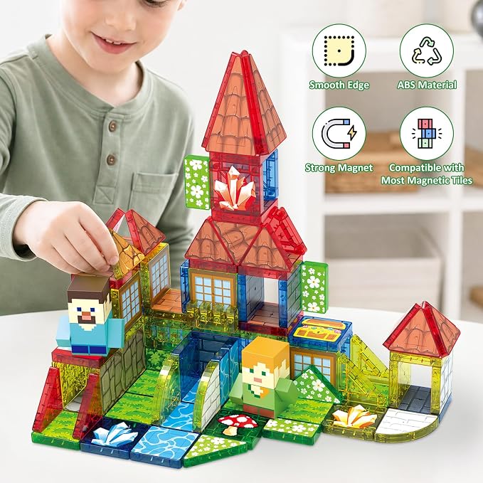 JIMI Mini Magnetic Tiles, 100pcs Building Tiles Magnetic 3D Blocks with Metal Storage Box, Portable Travel Set STEM Building Blocks for Kids Ages 3+, Educational Construction Toys for Boys Girls