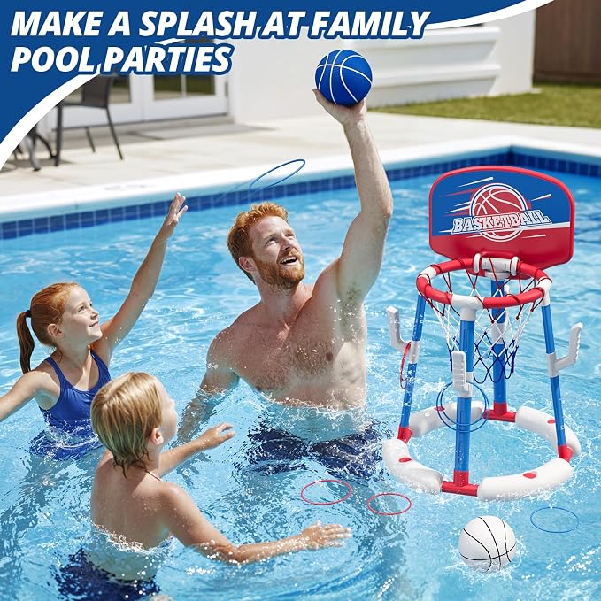 HYES 2 in 1 Pool Basketball Hoop with Ring Toss, Floating Pool Toys - Anti-Tip Stable Base - with 4 Balls/8 Rings/Pump - Summer Water Basketball Games Indoor Outdoor Gifts for Kids 4-8 & Adults, Red