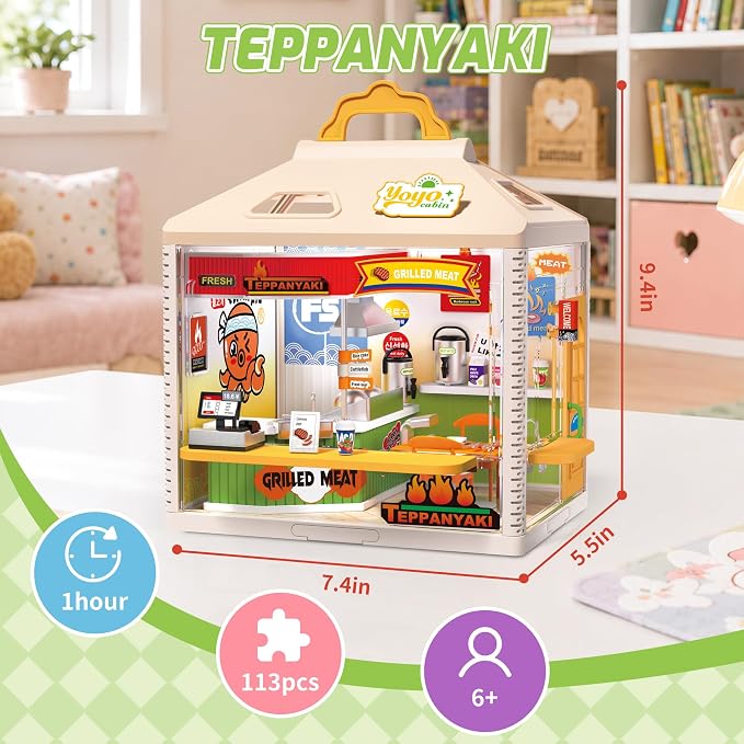 MINDNOOK DIY Miniature House Kit, LED Light-Up Dollhouse, Mini Dollhouse Building Set with Furniture, Craft Hobby Gift for Adults, Teens & Kids Ages 6+ (Teppanyaki)