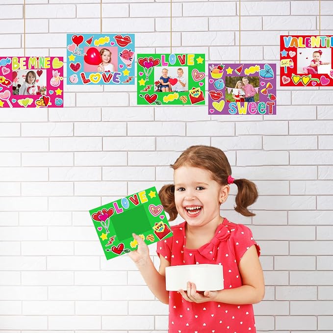 chiazllta 30 Packs Valentine’s Day Craft Kits for Kids: DIY Picture Frame Craft Heart Art Valentine’s Day Party Decoration Favor Home Classroom Game Activities