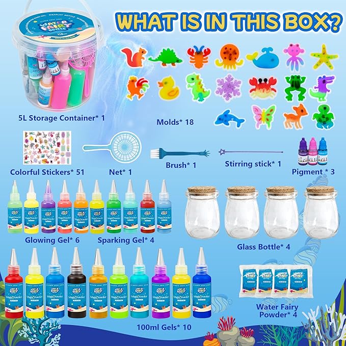 116PCS Magic Glow-in-The-Dark Gel Water Fairy Toy, Aqua DIY Elf Set with 18 Shape Molds, 100ml Gels, Water Squishy Kit, Make 150+ Water Animals,Christmas Birthday Gift, Arts Crafts STEM Kit for Kid