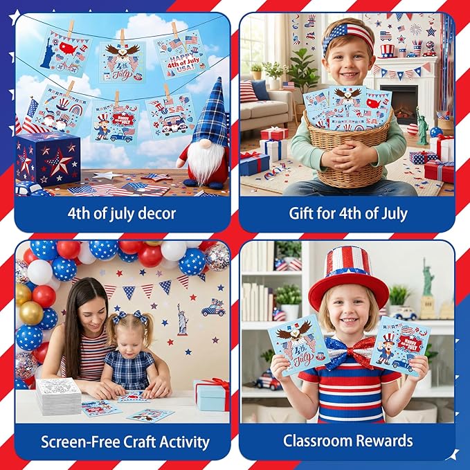 Fennoral 24 Pack 4th of July Craft Kit for Kids Color You Own Patriotic Jigsaw Puzzle with Base DIY Coloring Independence Day Art and Craft for Classroom Activity Party Favor Supplies,4.7inch