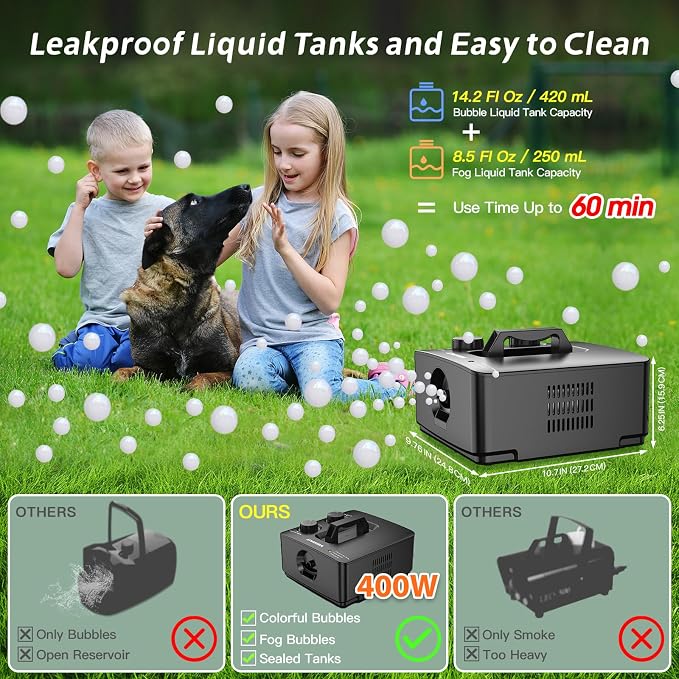 Wisdomlit Fog Bubble Machine, 2-in-1 No-Spill Smoke Bubble Machine (Black) | 400W Power, 2 Bubble Modes, 8000+ Colorful or Fog-filled Bubbles, Great for Indoor Outdoor Halloween Party
