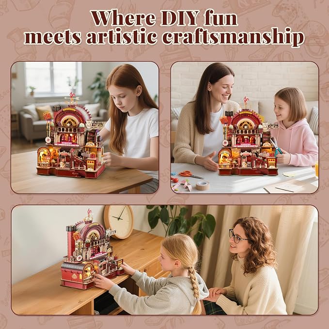 DIY 3D Wooden Puzzles for Adults,Dessert Atelier Electrically Powered – Movable Dessert & Coffee Lines Dollhouse Kit with LED Arts and Crafts for Home Decor Creative Gift for Boys Girls