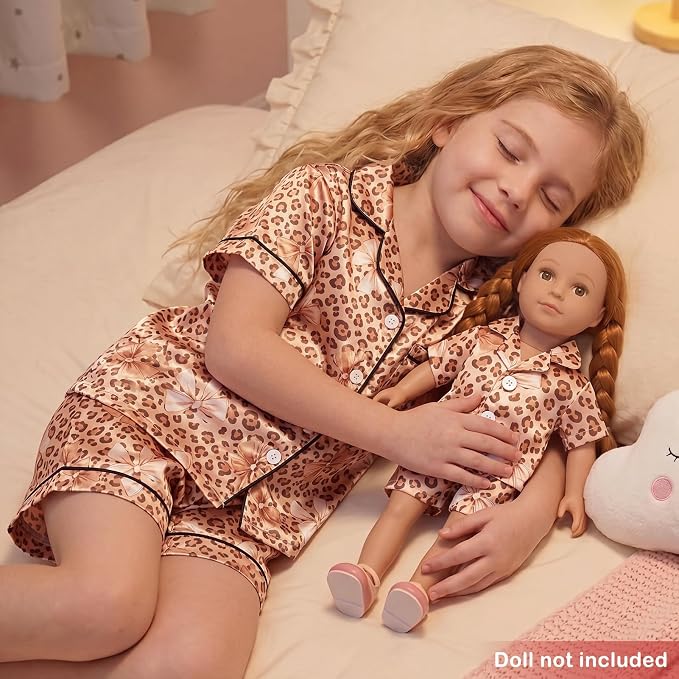 FIOBEE Girls Satin Pajamas Doll Matching Clothes, Stain Button Down Pjs Set Fits 18 Inch Dolls Soft Silky Toddler Kids Sleepwear Brown Leopard