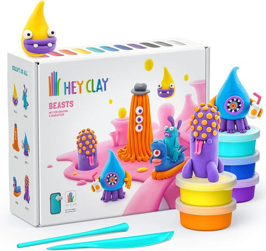 HEY CLAY - Beasts Set-Colourful Modeling Kids-Air Dry Clay Kit 15 cans and Sculpting Tools with Fun Interactive Instructions App, Multicoloured