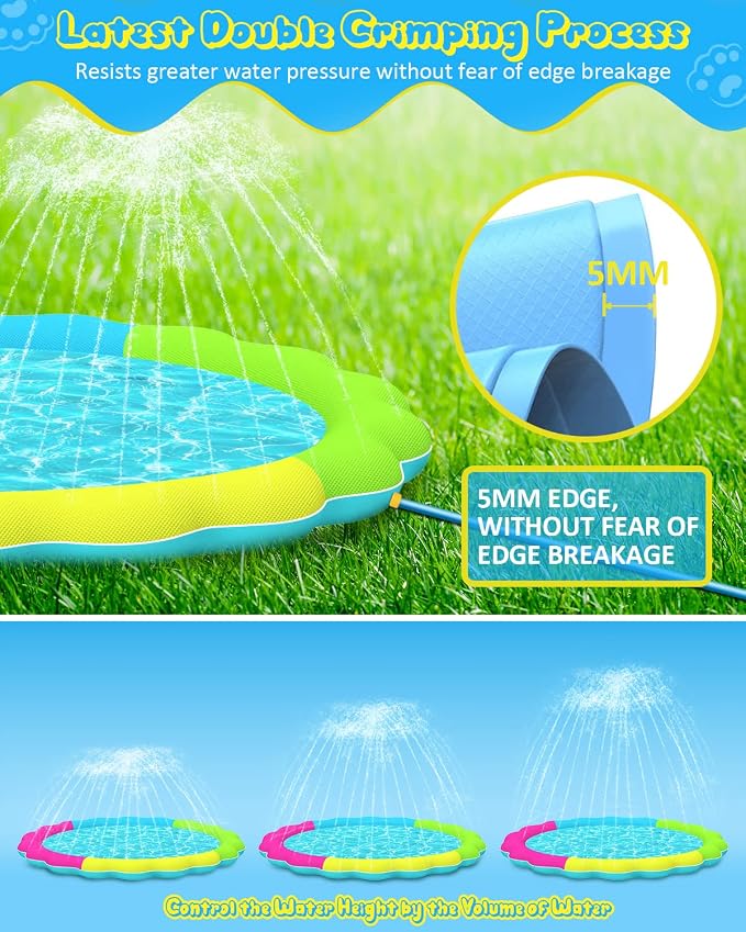 Raxurt Splash Pad, 75in Anti-Slip Splash Pad for Kids Dogs Thickened Durable Bath Pool Pet Summer Outdoor WaterToys Backyard Fountain Play Mat, Colorful