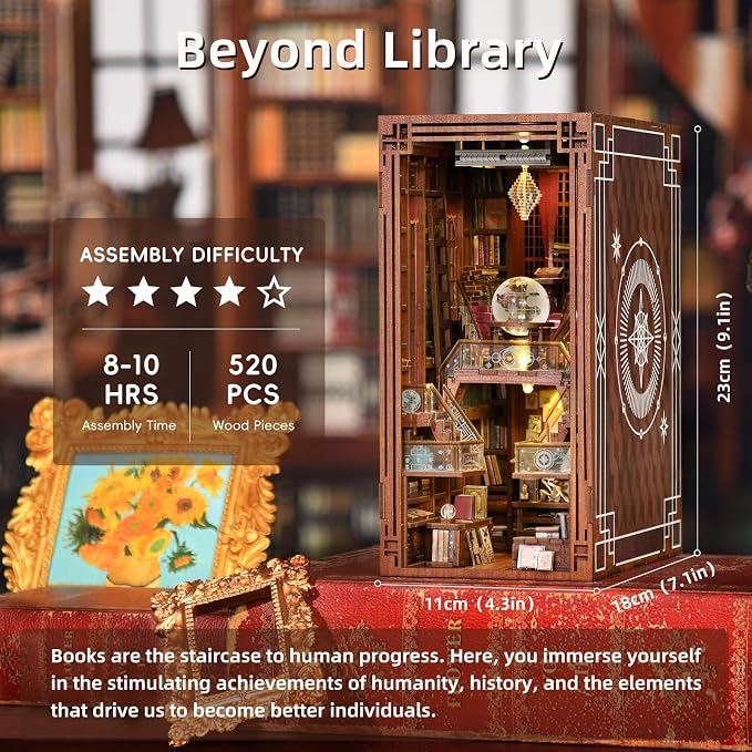 CCCDF Beyond Library Book Nook Kit, Fantasy Magical Bookshelf Insert with LED Lights, Dust Cover, 3D Wooden Puzzle Craft for Adults