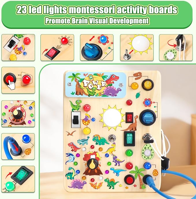 Konijiwa Busy Board - Montessori Toys for 1-3 Years Old Boys & Girls | Sensory Toys for Kids with Autism | Toddlers Learning Activity for Early Development (Dinosaur Busy Board v2)