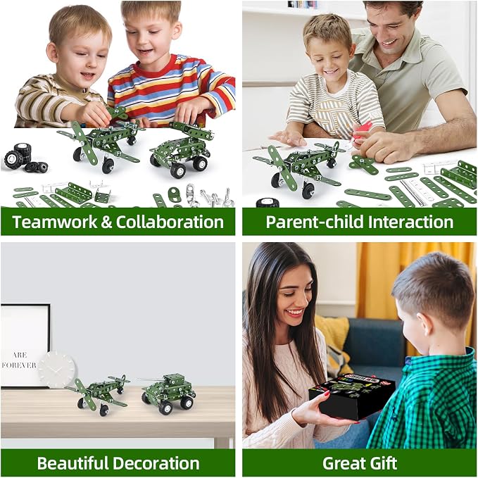 Ferthor Fun Metal Building Military Series Assembly Toys,Small Construction Set for Kids Ages 4-8, Military Toys for Boys Age 8-12,STEM Toy Gifts for Model Army Kit(166pcs No Motor)