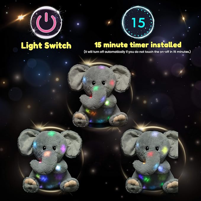 Hopearl LED Plush Elephant Lighting Up Stuffed Animal Floppy Night Lights Glow in The Dark Birthday Festival for Kids Toddler Girls, Gray, 11''
