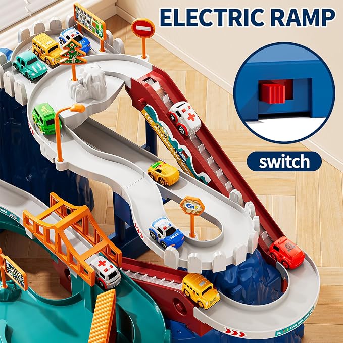 NIPLOOOW Dinosaur Race Track Playset for Boys Kids 3-5, Dinosaur Climbing Hills Car Track Play Set with 10 Mini Racer Cars, Kids Car Ramp Track Toys for 3 4 5 6 7 8 Year Old Boys Girls