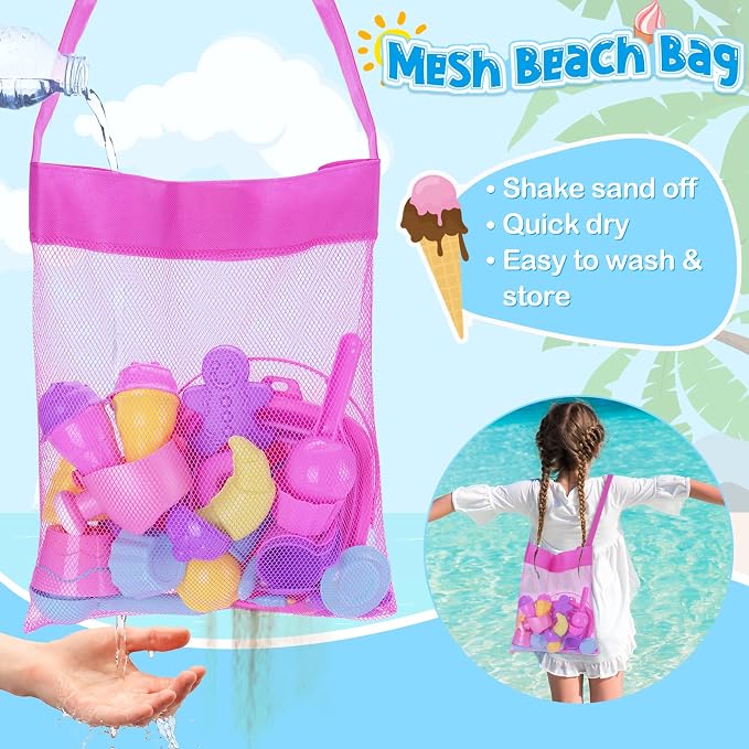 TSDATOWR Ice Cream Beach Toys Sand Toys Set for Kids, Collapsible Sand Bucket and Shovels Set with Mesh Bag, Sand Molds, Watering Can, Sandbox Toys for Kids and Toddlers, Travel Sand Toys for Beach