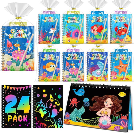 Rainbow Scratch Paper Party Favors: 24 Pack Ocean Rainbow Scratch Notebook, Goodie Bags Stuffers Coloring Books Party Favors for Kids 3-12, Bulk Classroom Birthday Gifts for Student