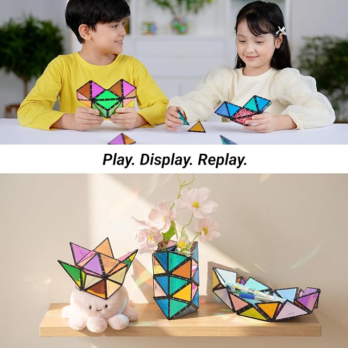 TOSY Magnet Pyramid Stone - 1 Cube Transforms into 1 Billion Shapes (Bunny, Egg, Flowers, Heart), Easter Basket Stuffers Gift, 12 pcs, 243 Magnets, Holographic Design, Puzzle/STEM Toy, 3-Pack