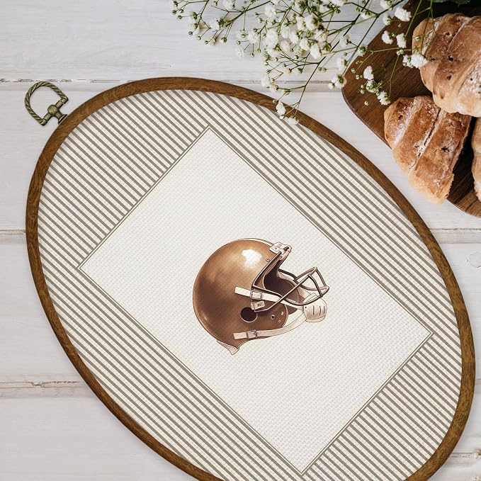 WULQYING Football Wall Art Decor, Boys Sports Nursery Oval Framed Canvas Art Prints, Neutral Striped Classic Football Helmet Wall Hanging Decor for Nursery Home Bedroom Sport Room, 8.6x11.4 Inches