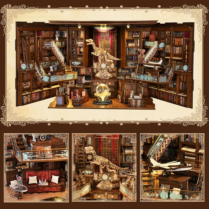 MiniCity DIY Book Nook Kit for Adults, 3D Wooden Puzzle Bookend Bookshelf Insert Decor with LED Light and Dust Cover (Beyond Library Max)