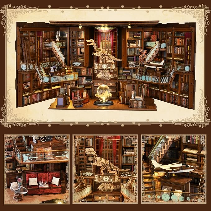 MiniCity Book Nook Kit, DIY Miniature Dollhouse Booknook Kit, 3D Wooden Puzzle Bookend Bookshelf Insert Decor with LED Light for Teens and Adults (Beyond Library Max)
