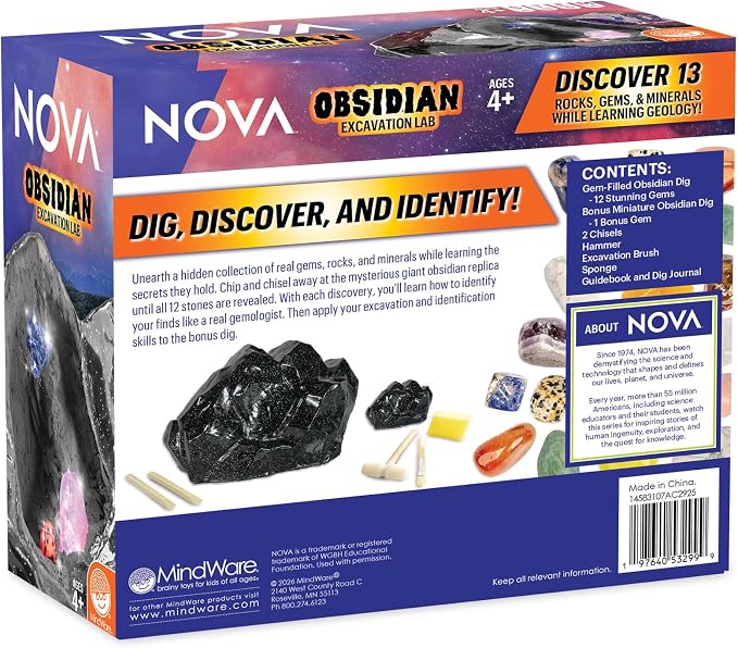 Gem Dig Kit for Kids Ages 4+ - NOVA Obsidian Excavation Lab by MindWare, 13 Real Gems + Bonus Mini-Dig + Dig Journal, Geology Science Kit with Rock & Mineral Tools