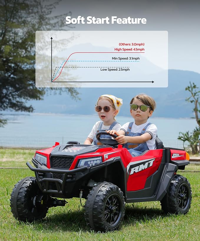 ELEMARA 24V Ride on Toy for Big Kids,Ride on Car 2 Seater w/Sun Shade,Dump Bed & Shovel,4.5MPH,4WD Electric Car for Kids,Battery Car w/Remote,Kids Ride on Truck,3 Speeds,LED Lights,Bluetooth, Red
