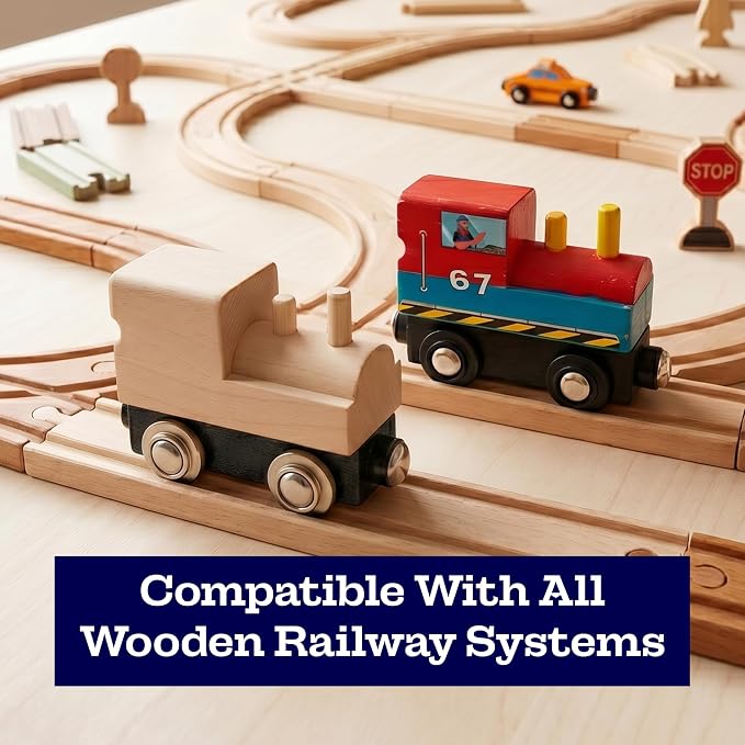 12 Pcs Unpainted Wooden Train And Stickers - Craft Kit – Magnetic Engines with 12 Sticker Sheets – Compatible with All Major Wooden Railway Brands – Art Project for Kids & Birthday Party Favors