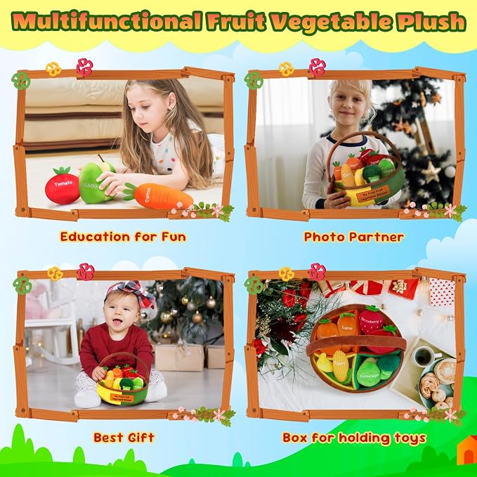 My First Fruit Vegetable Basket Plush, Baby Felt Play Food Set with 8 Pcs Fruit Vegetable Plushies for Toddlers, Montessori Sensory Toy First Learning Baby Birthday Easter Gifts for Boys Girls