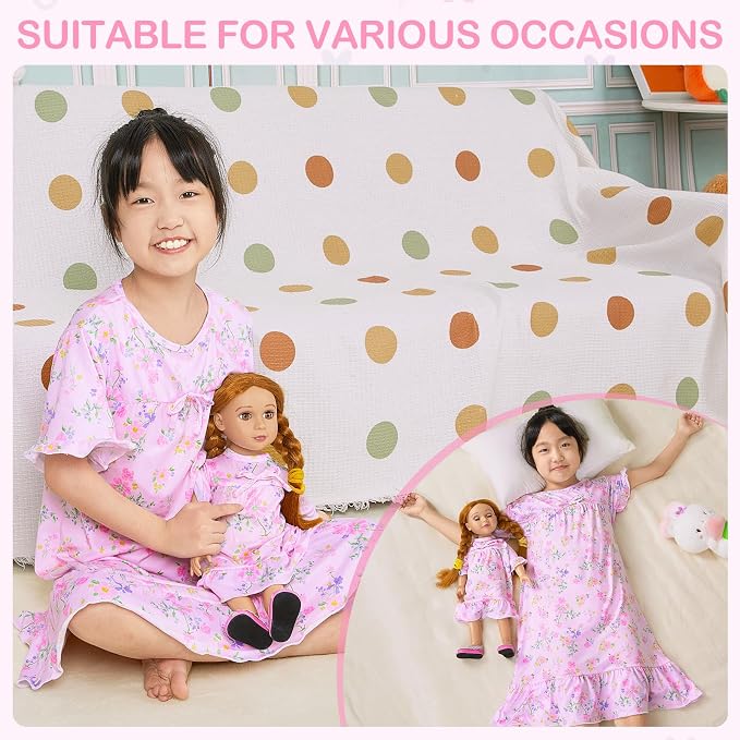 MHJY Matching Girls & Doll Nightgowns Vintage Short Sleeve Sleepwear Pajamas Dress for Girls and 18" Girl Doll