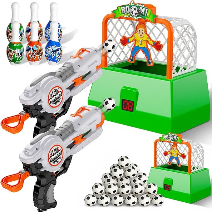 Kids Shooting Game Toy Set - 2 Pack Soccer Game 2 Foam Ball Blaster Launchers with 48 Soccer Balls, 6 Bowling Pins with LCD Score Display - Sports Toys for Boys Girls Ages 3+Years