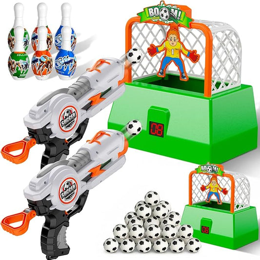 Kids Shooting Game Toy Set - 2 Pack Soccer Game 2 Foam Ball Blaster Launchers with 48 Soccer Balls, 6 Bowling Pins with LCD Score Display - Sports Toys for Boys Girls Ages 3+Years