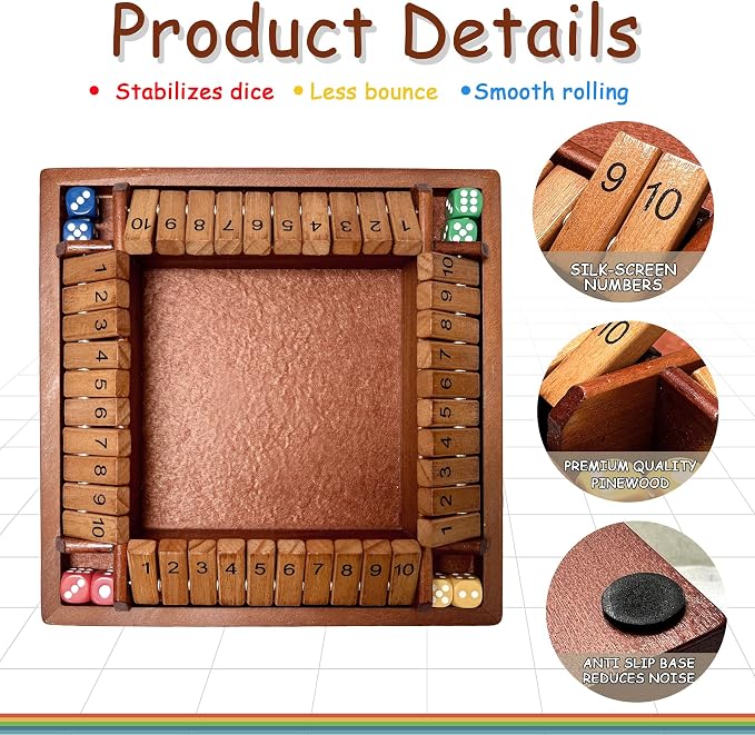 Shut the Box Wooden Board Game – 4 Player 1-10 Numbers Dark Wood Math Game with 8 Dice, Classic Strategy Game for Adults & Kids, Educational Family for Learning Addition, Classroom or Party Toy