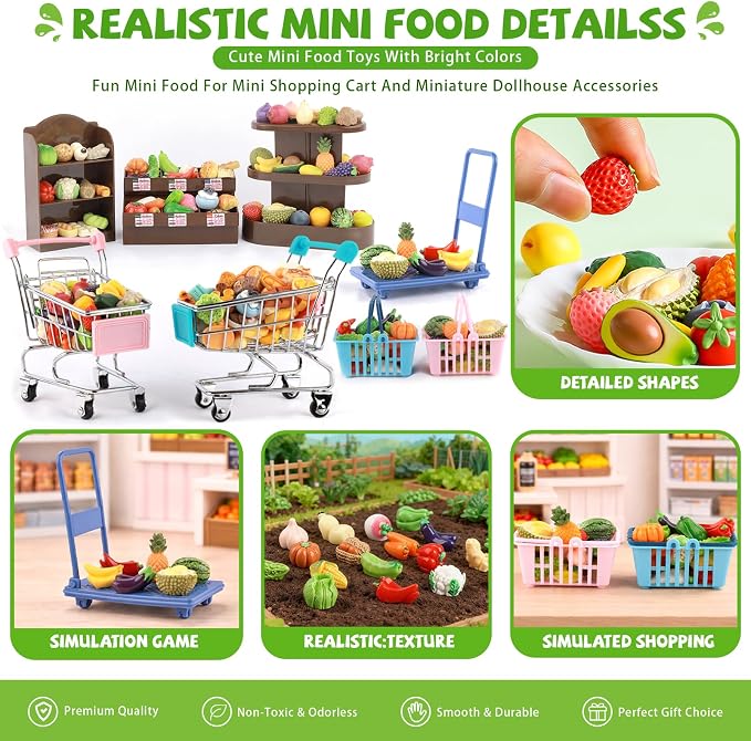 Mini Shopping Cart Basket, Miniature Grocery Toys 3 Supermarket Shelves Play Store 100+ Fruit Vegetable Cake Bread Mini Food Miniature Dollhouse Accessories with Push Cart