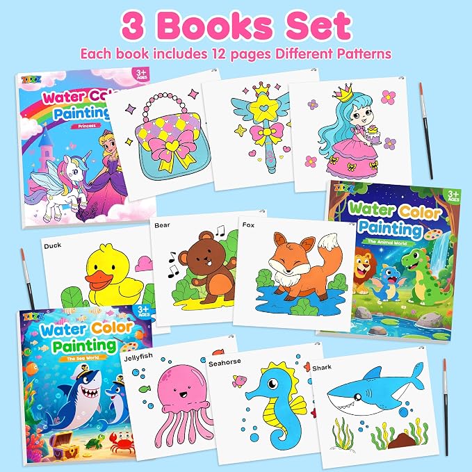 ZIZZ Paint with Water Coloring Books for Toddlers, 3PCS Watercolor Painting Set for Kids Ages 3-8, No-Mess Drawing Art Craft Toy Birthday Valentine's Day Gifts for Girls Boys - Princess, Forest, Sea