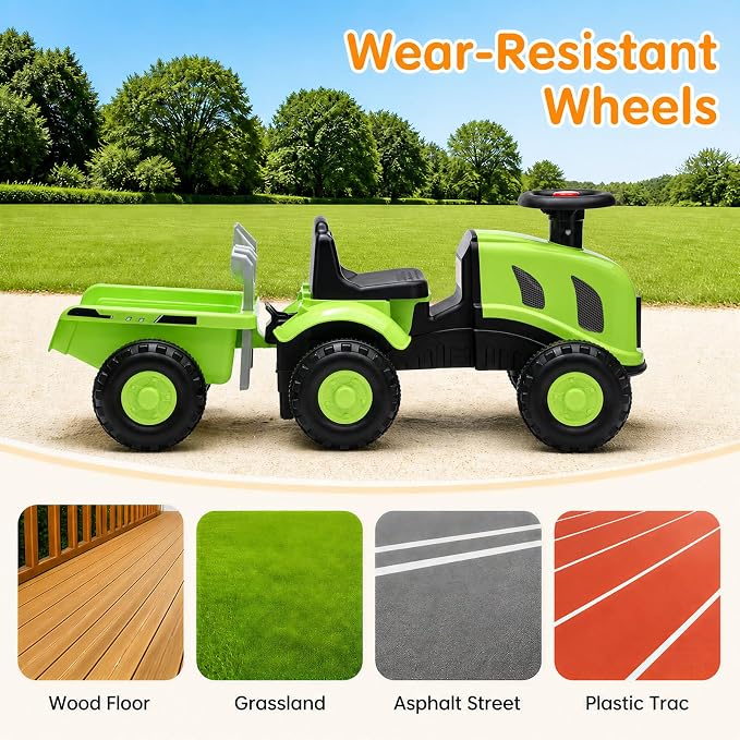 Kids Ride on Tractor, 2 in 1 Foot to Floor Push Car w/Detachable Trailer, Horn, Rake & Shovel, No Power Sliding Toy Gift for Toddlers, Outdoor Ride on Construction Vehicle (Green)