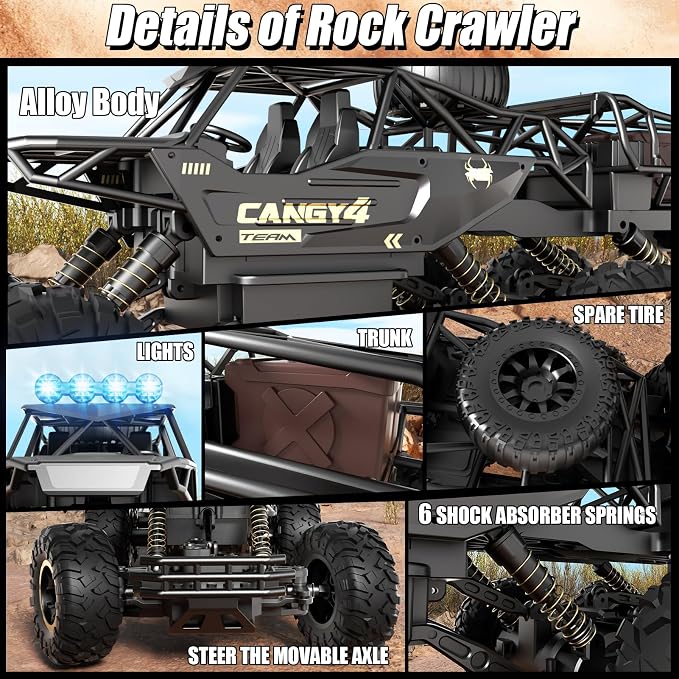 Jiakora Large Size RC Cars, Rock Crawler RC Truck with 2 Rechargeable Batteries, 6 Wheel Remote Control Monster Truck, Durable Metal Body & LED Headlights, Boy Toys for 4-7, 8-12 Kids & Adults