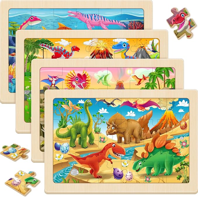 Wooden Puzzles for Kids Ages 4-6, 4 Pack 24 Pcs Toddler Puzzles Set for Ages 3-5, Educational Toys Gift for Boys Girls 3 4 5 6 7 8 (Dinosaur Land, Volcano, Sea & Forest Dino Worlds)