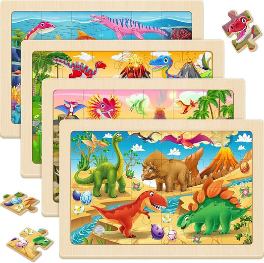 Wooden Puzzles for Kids Ages 4-6, 4 Pack 24 Pcs Toddler Puzzles Set for Ages 3-5, Educational Toys Gift for Boys Girls 3 4 5 6 7 8 (Dinosaur Land, Volcano, Sea & Forest Dino Worlds)