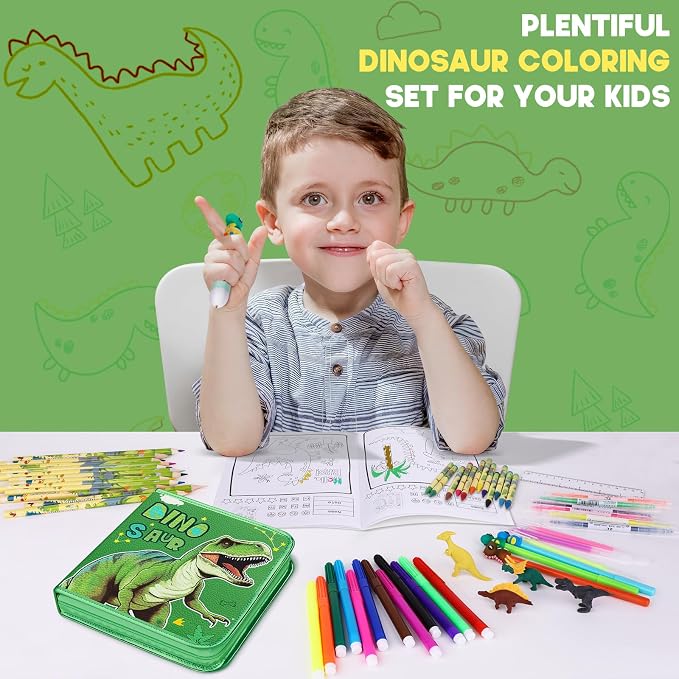 MAIGOZON Dinosaur Gifts for Boys - 57 PCS Scented Markers Art Supplies Set for Kids Ages 4-8, Coloring Drawing Kit with Dino Case, Coloring Book & Quick-Dry Gel Pens, Birthday Christmas Gift