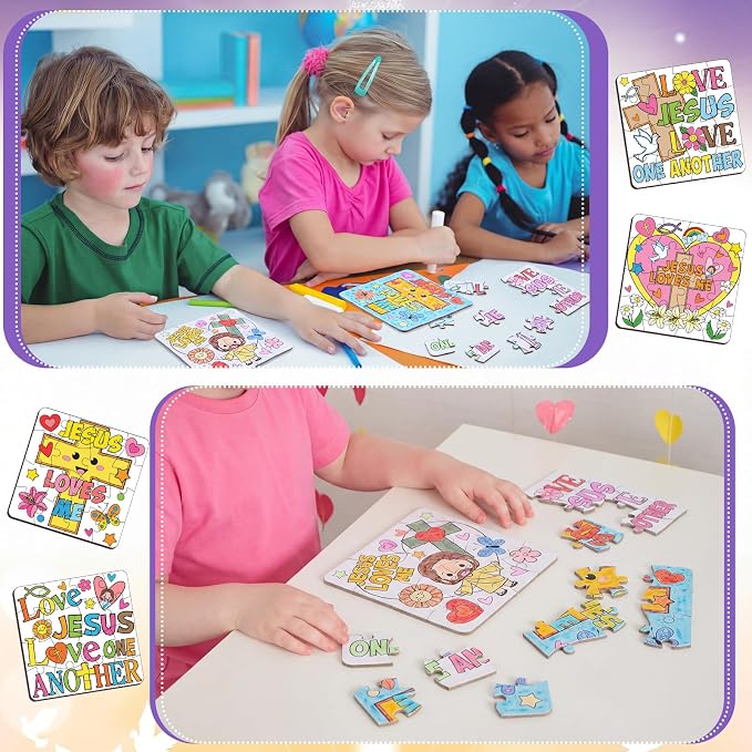 Realspring 24 Pack Religious Jesus Loves Me Color Your Own Jigsaw Puzzles for Kids 3-5, 4-6, 6-8, Coloring Crafts DIY Paper Puzzles Party Favors Gifts for Toddler Children Learning Education Toys