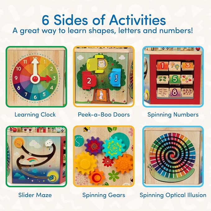 Battat – Wooden Activity Cube – CurioCity – Themed Activity Center – Educational Toys – Wooden Toys for Toddlers and Kids – 1 Year +
