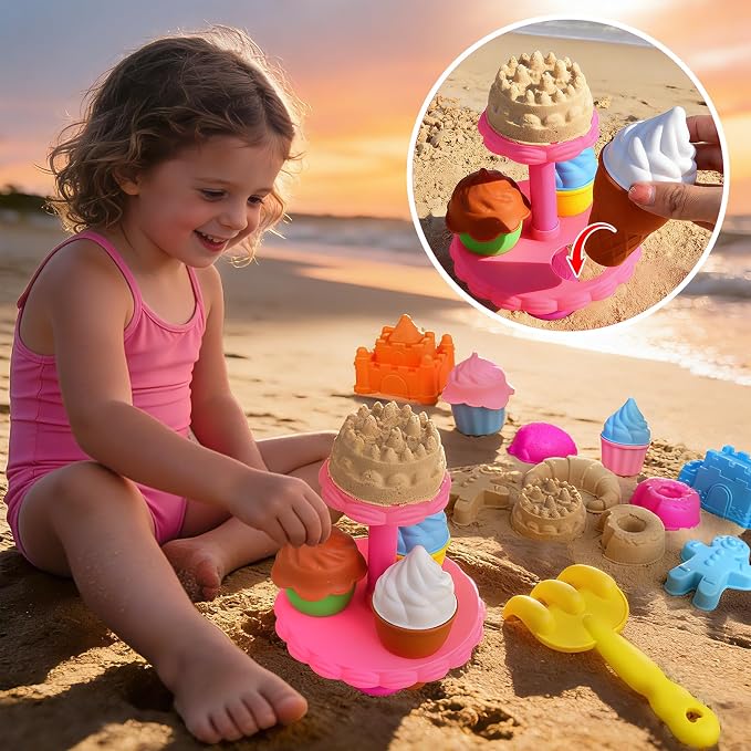 Beach Toys for Kids,Sand Toys 31Pcs Kids Sand Play Set,Castle & Dessert Molds with Collapsible Buckets, Sand Castle Building Kit,Shovels and Mesh Bag,Summer Outdoor Travel Toys for Toddlers Boys Girls