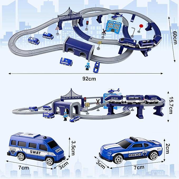 Wdmiya Train Set for Toddlers, 92 Pcs Train Toys for Kids Ages 3-8, Electric Trains Sets with Tracks (Magnetic Connection), Battery Operated Trains Birthday Gift for 3 4 5 6 7 8 (Police 92 Pcs)