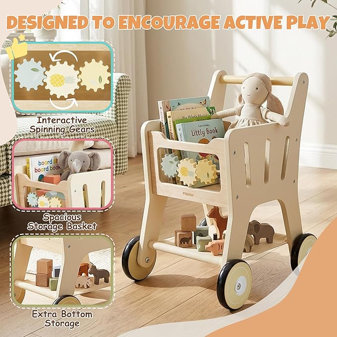 Pithfor Wooden Shopping Cart for Kids, 3 in 1 Wooden Baby Push Walker, Baby Doll Stroller, Toy Shopping Cart for Toddlers 1-3