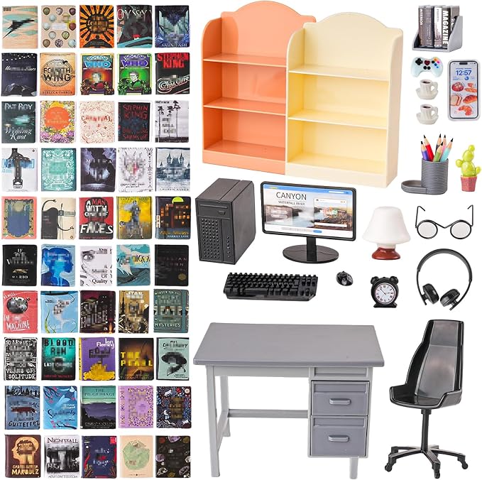 1:12 Scale Doll House Mini Computer Office Desk Furniture Accessories Set | Accessories for dollhouse: storage cabinets, books, desk lamps, eyeglasses, headsets, cell phones and game controllers