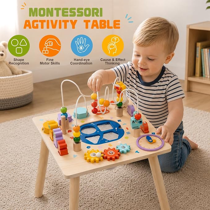Baby Activity Table for 1 Year Old, Wooden Sensory Table Activity Center with Bead Maze with Shape Sorter Fishing Game, 8 in 1 Learning Toys for Baby 12+ Months Boys Girls Gifts