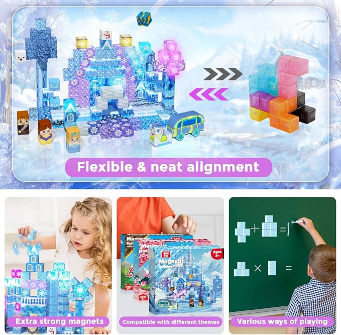 200 PCS Light Up Magnetic Blocks, Transparent Magnetic Building Block for Blue Snow Princess Castle, Frozen Magnet Cubes STEM Toys for Girls Age 3 4 5 6 7 8 9 10 11 12 13 Birthdays Gift for Kids