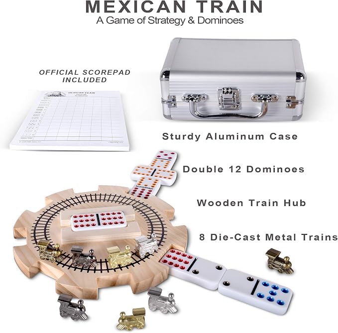 Mexican Train Dominoes Set Double 12 Color Dots | Wooden Hub, 8 Metal Trains, Aluminum Case