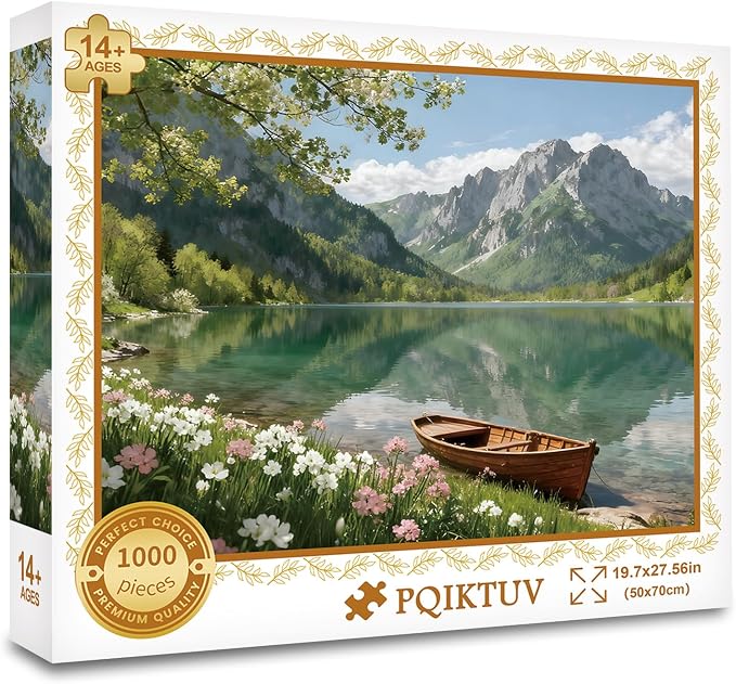 Puzzles for Adults 1000 Pieces, Serene Spring Mountain Lake | Wooden Boat Landscape Jigsaw Puzzle, Summer Beautiful Nature Scenery Wall Decor & Gift for Friends, 27.56x19.7 Inch