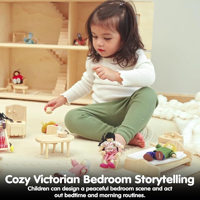 PlanToys® Wooden Victorian Bedroom Set | Montessori Dollhouse Furniture for Daily Routine Play, Social Skills & Imaginative Storytelling | Eco Friendly Wooden Bedroom Accessories for Dollhouse